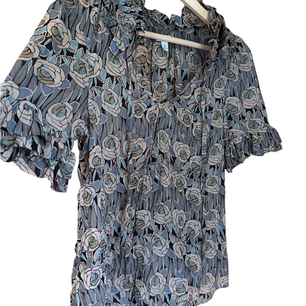 Anthropologie Odille Floral Short Sleeve Ruffle Blouse Sz 4 - Picture 3 of 9